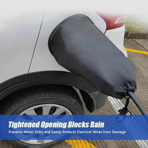 All Weather Magnetic EV Charger Port Cover Chrysler Pacifica Hybrid with adjustable strap on parked vehicle.