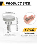 4 Pcs M6 X 12mm Flat Knurled Head Thumb Screws 304 Stainless Steel Fully Threaded Bolts Fasteners Product Size Diagram
