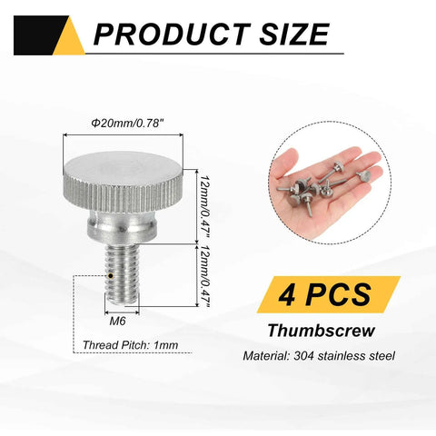 4 Pcs M6 X 12mm Flat Knurled Head Thumb Screws 304 Stainless Steel Fully Threaded Bolts Fasteners Product Size Diagram