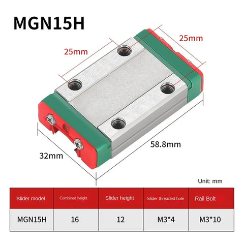 Pro Grade Linear Rail Kit With Sliding Carriage Block MGN15 dimensions and specifications for 3D printers and CNC machines
