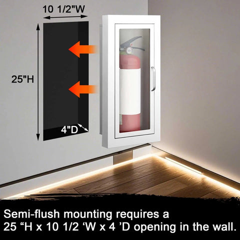 2 Pack Semi Recessed Fire Extinguisher Cabinet, Heavy Duty Steel Wall Mount With Magnetic Door And Acrylic Window, installed view