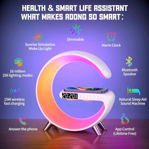 Bluetooth Speaker Lamp With Wireless Charger And App Control, RGB Night Light, Alarm Clock, White Desk Lamp features