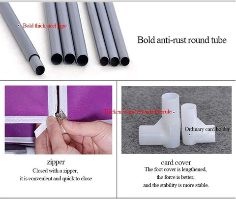 Game Changer Portable Hanging Closet With Heavy Duty 19Mm Steel Clothes Rod showing steel pipes, zipper detail, and card holders