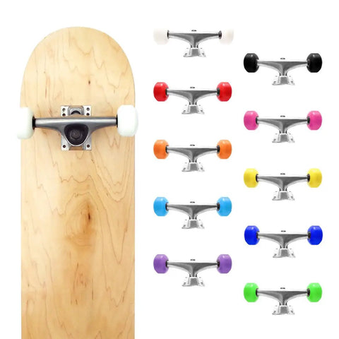 5.25 Inch Skateboard Trucks 139mm Aluminum with 52mm Wheels ABEC 7 Bearings displayed in multiple colors on wood deck