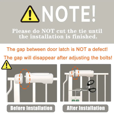 Note showing installation process of the Narrow Baby Gate Fits Tight 27 To 29 Inch Spaces With Easy Auto Close Walk Through Door.