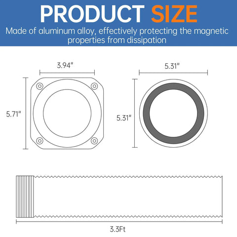 Dimensions of Magnetic Dryer Vent Connector Kit With Quick Connect And Airtight Seal DV180, showing duct and components.