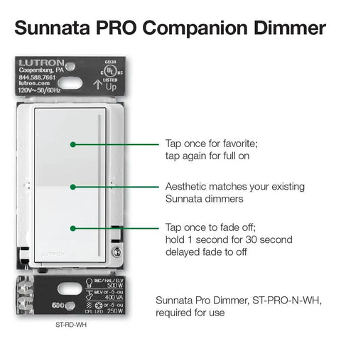 Sleek White Companion Dimmer Switch Designed For No Sweat Multi Location Wiring And Flawless Pairing With Sunnata Pro LED Plus Controllers Chill Smooth Dimming Easy Retrofit Fix showing features and details.