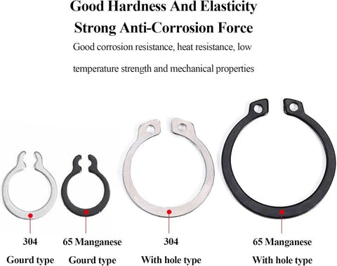Three Piece Set Of 304 Stainless Steel External Retaining Rings And Circlips showing various types and sizes for heavy machinery use.