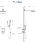 Dcolora 10 Inch Rain Shower System with Handheld Shower product size diagram with detailed dimensions for installation.