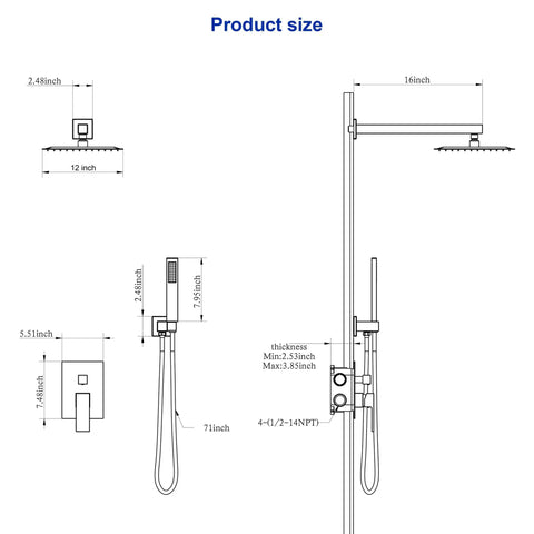 Dcolora 10 Inch Rain Shower System with Handheld Shower product size diagram with detailed dimensions for installation.