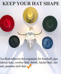 Adhesive Hat Hooks Set 10 Lb Capacity Wall Rack For Baseball Caps Snapbacks Visors Cowboy Hats And More With Extended Wooden Pegs Perfect For Closets Doors And Entryways 8 Pack displayed with hats on wall