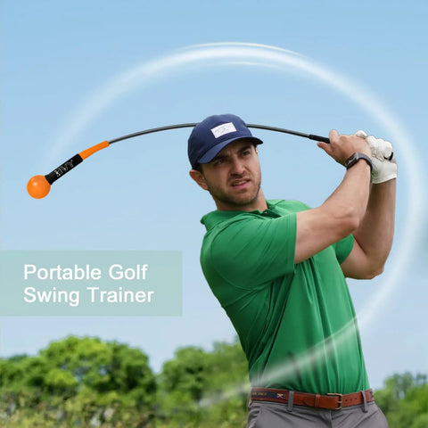 Man using Golf Swing Training Aid To Boost Strength Tempo And Flexibility Build Lag And Core Power For Indoor And Outdoor Practice