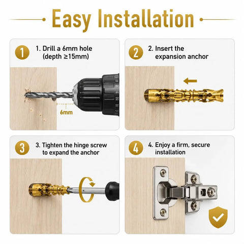 Easy installation steps of Heavy Duty Hinge Repair Screw Kit With 6 By 14 Mm Expansion Anchors For Stripped Holes Secure Cabinet And Door