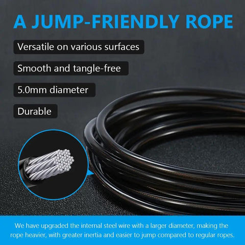 Close-up of Weighted Jump Rope Half Pound 5mm Steel Rope showing smooth, tangle-free material with text highlighting features.