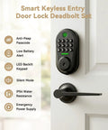 Rock Solid 5 In 1 Smart Deadbolt With Handle Fingerprint Scanner And Keypad Keyless Entry Door Lock with LED keypad and privacy features.