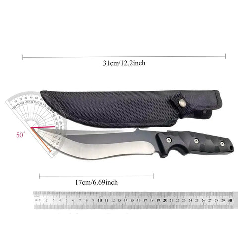 Full Tang Fixed Blade Knife With Two Tone Black And White Blade, Custom Laser Engraving, Nylon Sheath Included shown with measurements