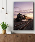 Steam Train Canvas Wall Art Retro Locomotive Poster For Living Room Or Bedroom Ready To Hang Framed Or Unframed Rustic Railway Decor With Sunset Palette And Vintage Steam Era Vibe Perfect For Gallery Walls on display