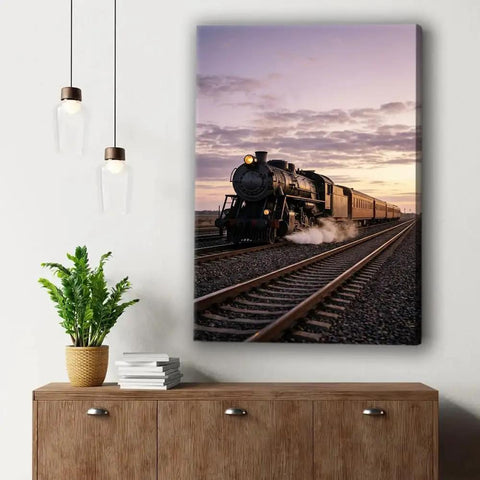 Steam Train Canvas Wall Art Retro Locomotive Poster For Living Room Or Bedroom Ready To Hang Framed Or Unframed Rustic Railway Decor With Sunset Palette And Vintage Steam Era Vibe Perfect For Gallery Walls on display