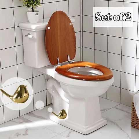 Gold Ceramic Bird Toilet Bolt Covers Set Of 2 Decorative Toilet Bolt Caps For Bottom Of Toilet Easy Install Bathroom Decor Accessories Cute And Functional shown installed at base of a toilet in bathroom setting.