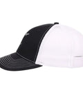 Side view of a Women's Washed Cotton Trucker Cap With Adjustable Strap Lightweight Cool Dad Hat with black front and white mesh back
