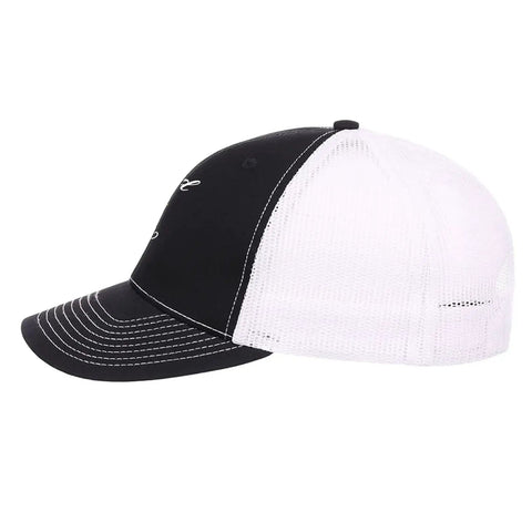 Side view of a Women's Washed Cotton Trucker Cap With Adjustable Strap Lightweight Cool Dad Hat with black front and white mesh back