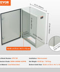 Heavy Duty Workhorse Electrical Enclosure Box Solid Cold Rolled Steel Junction Cabinet with open door, showing dimensions and mounting panel.