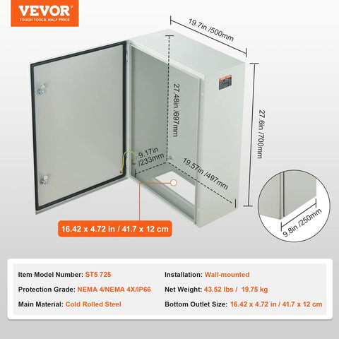 Heavy Duty Workhorse Electrical Enclosure Box Solid Cold Rolled Steel Junction Cabinet with open door, showing dimensions and mounting panel.