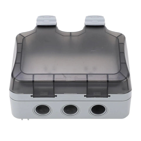 Heavy Duty Outdoor Power Socket IP66 Weatherproof Electrical Outlet 2 Gang 15A showcases a durable gray housing with three ports.