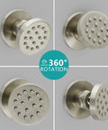 Four angles of Six Pack Round Brass Shower Body Spray Jets with Brushed Nickel Finish, 2 inch diameter, concealed installation
