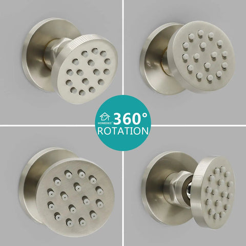 Four angles of Six Pack Round Brass Shower Body Spray Jets with Brushed Nickel Finish, 2 inch diameter, concealed installation