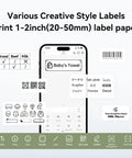 Slick Durable Portable Label Maker Machine With Wireless Bluetooth Pc App For No Sweat Home Organization And School Storage Includes Self Adhesive Tape Rolls In Green White shown on phone displaying various label styles.