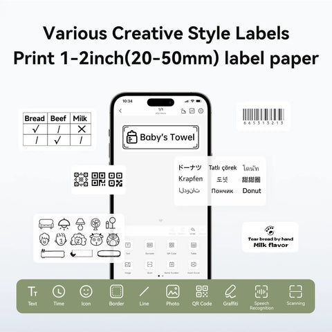 Slick Durable Portable Label Maker Machine With Wireless Bluetooth Pc App For No Sweat Home Organization And School Storage Includes Self Adhesive Tape Rolls In Green White shown on phone displaying various label styles.