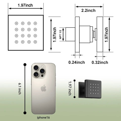Matte Black Square Shower Body Jets Set 4 Pieces With 16 Nozzles, High-Volume Hydrotherapy Massage, Wall Mount, dimensions shown