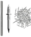 Double Head Socket Nails 100 Piece Set With Threaded Security Screws And Installation Kit shown with sleeve and pile of nails.