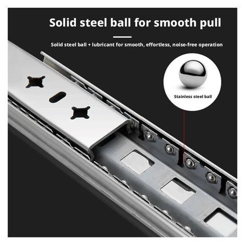 Smooth As Butter Bottom Mounted Drawer Slides Heavy Duty Stainless Steel close-up of solid steel ball for smooth operation.