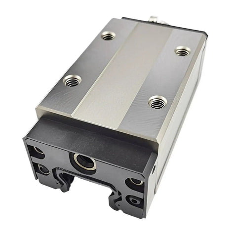 Premium SHS55R And SHS55LR Linear Block Guide Rail Kit component, metallic slider, showcasing attachment holes and black base