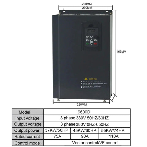 Go Full Throttle With This Industrial Strength Heavy Duty 45KW 37KW 55KW VFD Inverter Drive Featuring Vector Control For 380V 3 Phase Input And Output Spindle Motors And CNC Machines At 90 Amps Output 0 To 650 Hertz. Black VFD inverter drive, model 9600D, 290x465mm