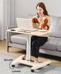 Smooth Operator Pneumatic Rolling Standing Desk With Pro Grade Swivel Casters For Home Office Laptop Workstation Quick Height Flex Deep Wood Grain Finish, with user drinking coffee.