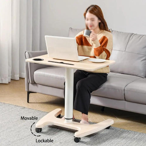 Smooth Operator Pneumatic Rolling Standing Desk With Pro Grade Swivel Casters For Home Office Laptop Workstation Quick Height Flex Deep Wood Grain Finish, with user drinking coffee.