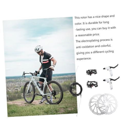 Genuine Hydraulic And Mechanical Disc Brake Kit For Mountain And Road Bikes With Front And Rear Setup Featuring Beast Mode Stopping Power And Thick Multi Foot Pads, displayed with cyclist and rotor.
