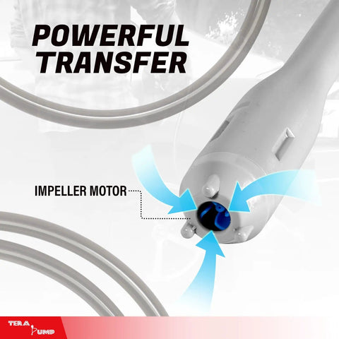 Fuel Transfer Pump With Quick Flow Control Nozzle Siphons Up To 2.6 GPM Dual Trigger Locking Nozzle For Gas Diesel And Watering Smooth Squeeze Operation For Fast Refuels And DIY Spill Free Transfers, close-up impeller motor and hose