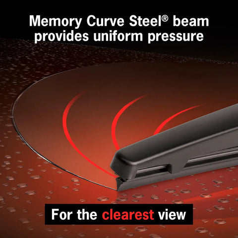 Close-up of Exact Fit 12 Inch Rear Wiper Blade for Select Chevy, Dodge, Fiat, Jeep, featuring memory curve steel for clear sweep.