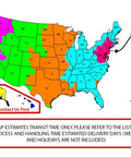 US map showing estimated delivery days, colorful regions, transit time legend included, focuses on shipping times