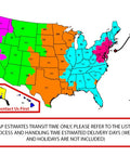 U.S. shipping transit time map with color-coded delivery estimates, ranging from 1 to 6 days depending on the region.