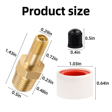 Two Pack One Quarter Inch NPT Tank Valve To Standard Schrader Brass Valve Adapter, Anti Corrosion Brass, Includes Two Caps And Teflon Tape, Easy Install For Air Compressor Tanks with size dimensions