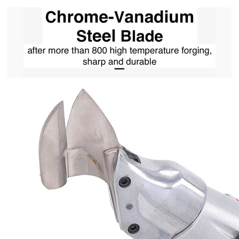 Close-up of chrome-vanadium steel blade on Powerful 800W Brushless Cordless Metal Shears For Cutting Sheet Steel And Aluminum Fast.