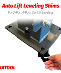 Hand placing a shim from the 36 Piece Two Post Lift Shim Kit For Surface Mount DIY Friendly Auto Lift Leveling Shims under a lift.