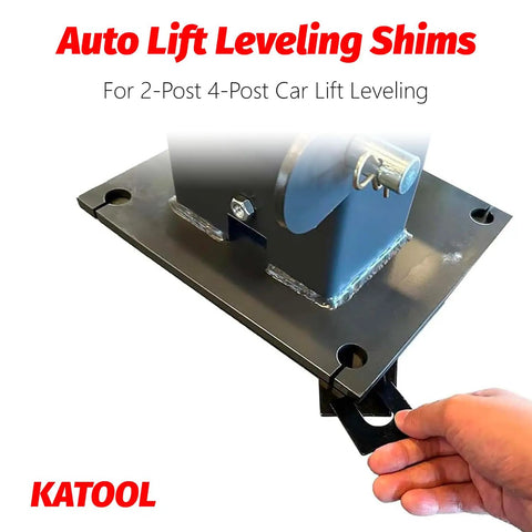 Hand placing a shim from the 36 Piece Two Post Lift Shim Kit For Surface Mount DIY Friendly Auto Lift Leveling Shims under a lift.