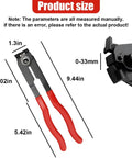 Heavy Duty Carbon Steel CV Boot Clamp Plier Built Tough With Rock Solid Grip For Smooth Universal Drive Shaft Joint Crimping Knockout Garage Essential For Fuel Hoses Cooling Lines And Vacuum Tubes Red Edition, size measurements displayed.