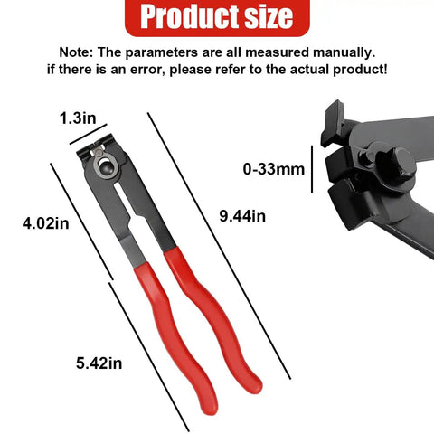 Heavy Duty Carbon Steel CV Boot Clamp Plier Built Tough With Rock Solid Grip For Smooth Universal Drive Shaft Joint Crimping Knockout Garage Essential For Fuel Hoses Cooling Lines And Vacuum Tubes Red Edition, size measurements displayed.